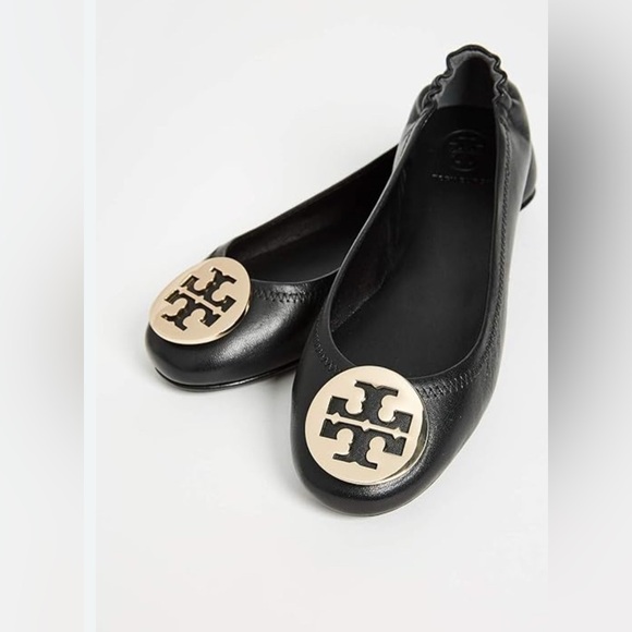 5. TORY BURCH Reva black leather gold metal logo detail ballet flats shoes 8.5